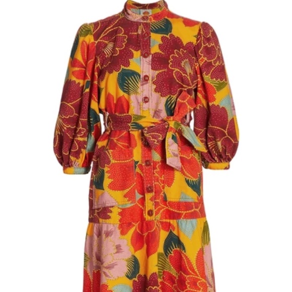Farm Rio Yellow Solar Chita Midi Canvas Dress In Multi - Picture 1 of 6
